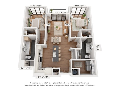 Floor plan for 2 beds, 2 baths, 1187 sqft